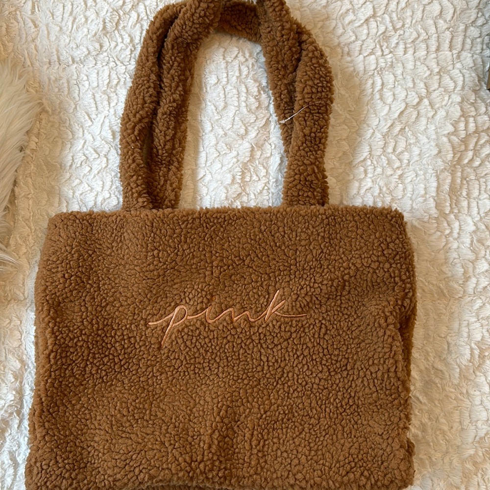 Victoria secret pink fleece bag tote school bag travel bag new brown fleece tote